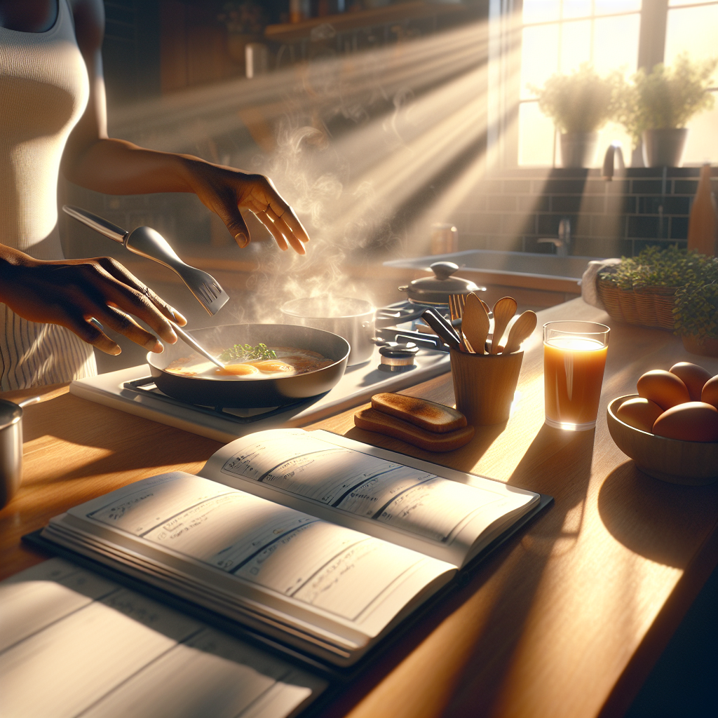 A bright kitchen scene with someone preparing breakfast while reviewing their planner, symbolizing an intentional morning routine