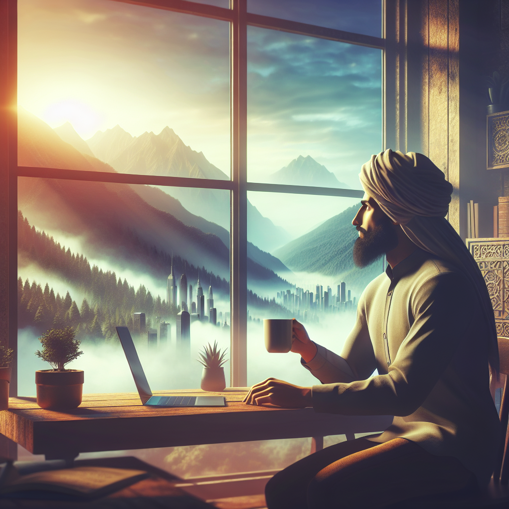 A serene workspace with a person enjoying a coffee break while looking out the window at nature