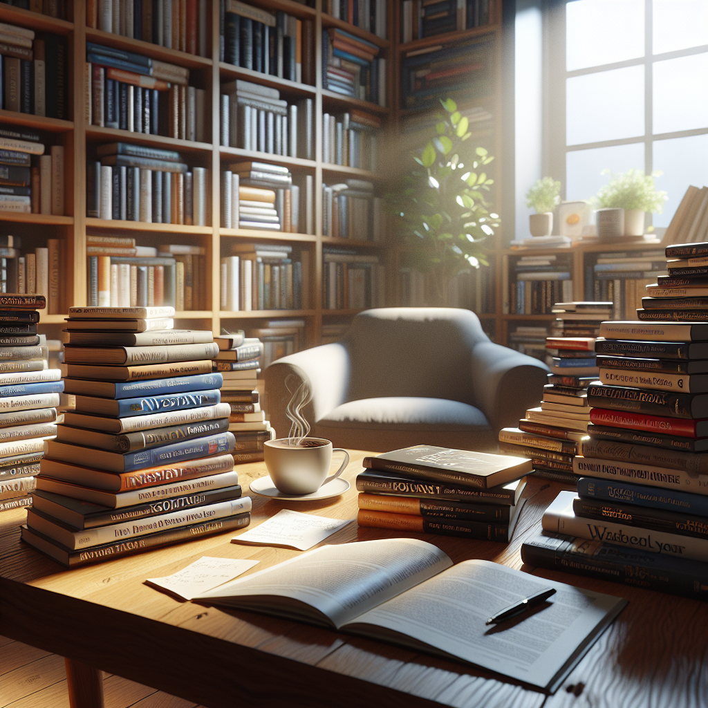 A cozy reading nook filled with Warren Buffett's books, sunlight streaming through a window onto a wooden table with coffee and notes