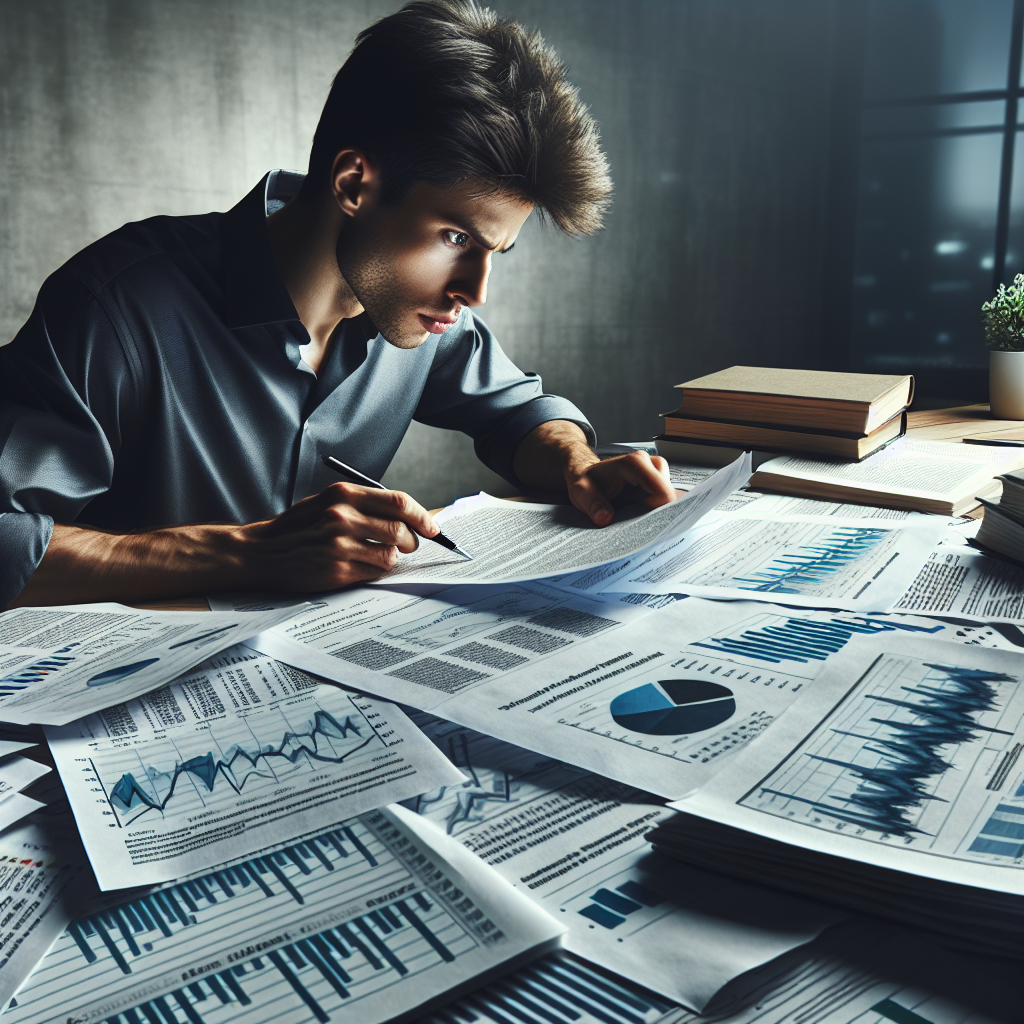 A person conducting thorough research with charts, graphs, and Warren Buffett's books spread out on a desk