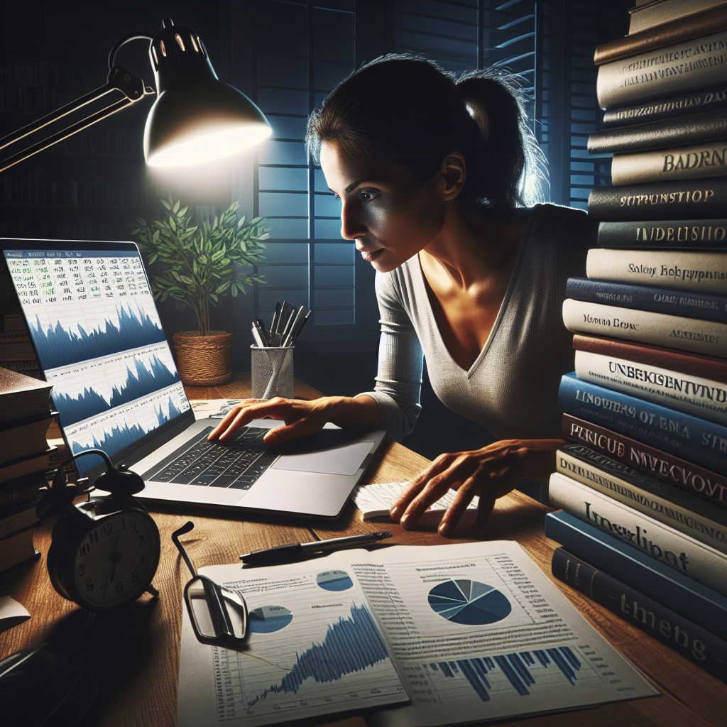 A determined entrepreneur working late at night surrounded by books on personal development and Warren Buffett's investment strategies