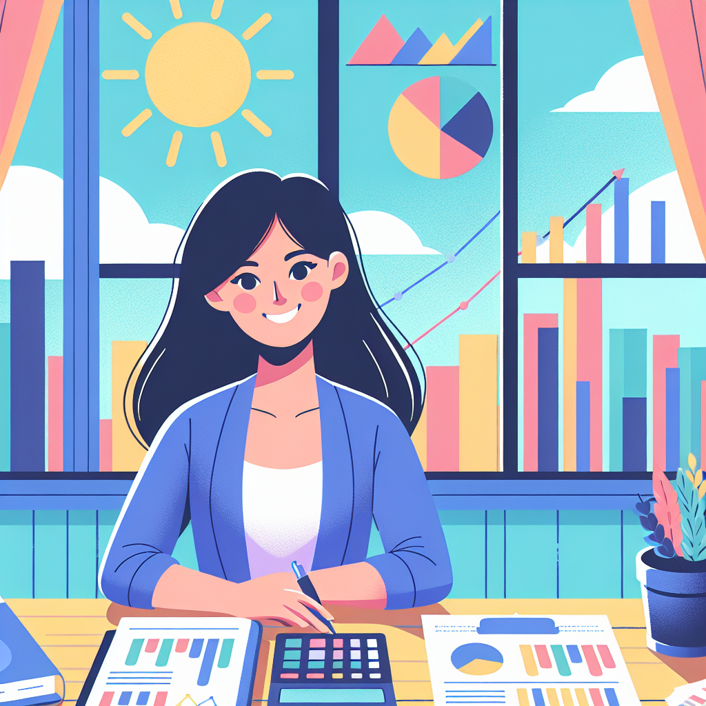 A vibrant illustration showing a small business owner happily managing finances with graphs and charts around them