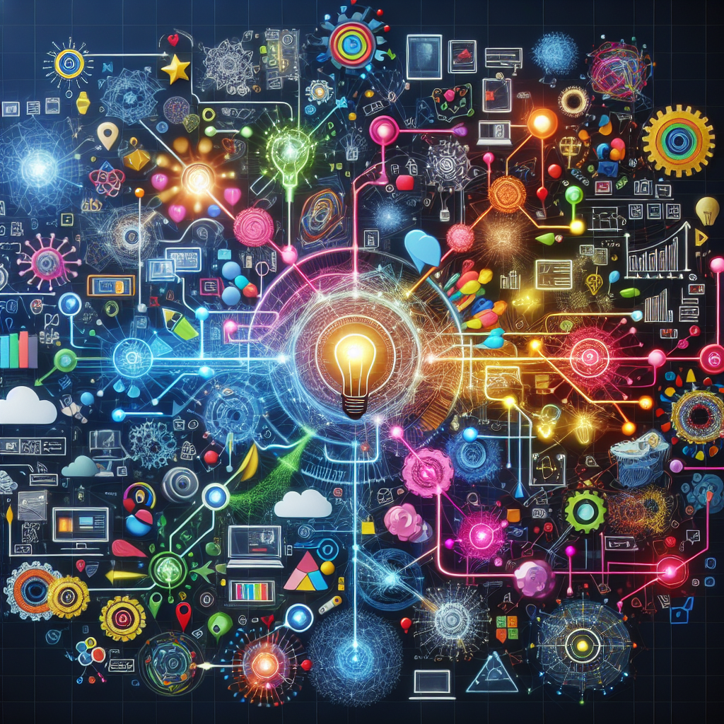 A vibrant digital mind map showcasing various brainstorming ideas related to a product launch with colorful branches connecting different concepts.