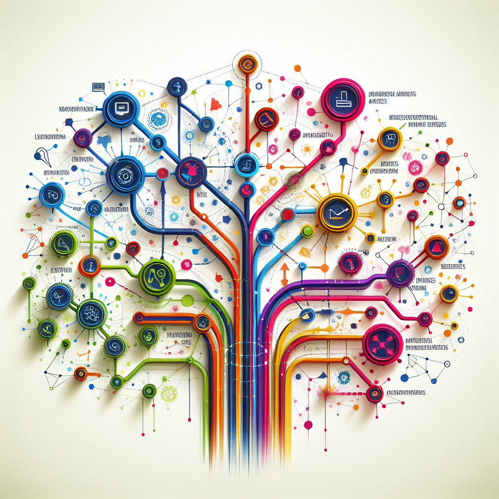 A vibrant digital mind map illustrating various insights from marketing campaigns with colorful branches connecting different concepts.