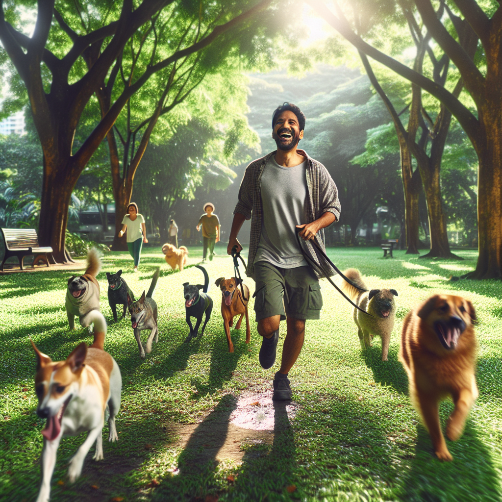 'A cheerful person walking dogs in a sunny park setting with happy dogs around them.'