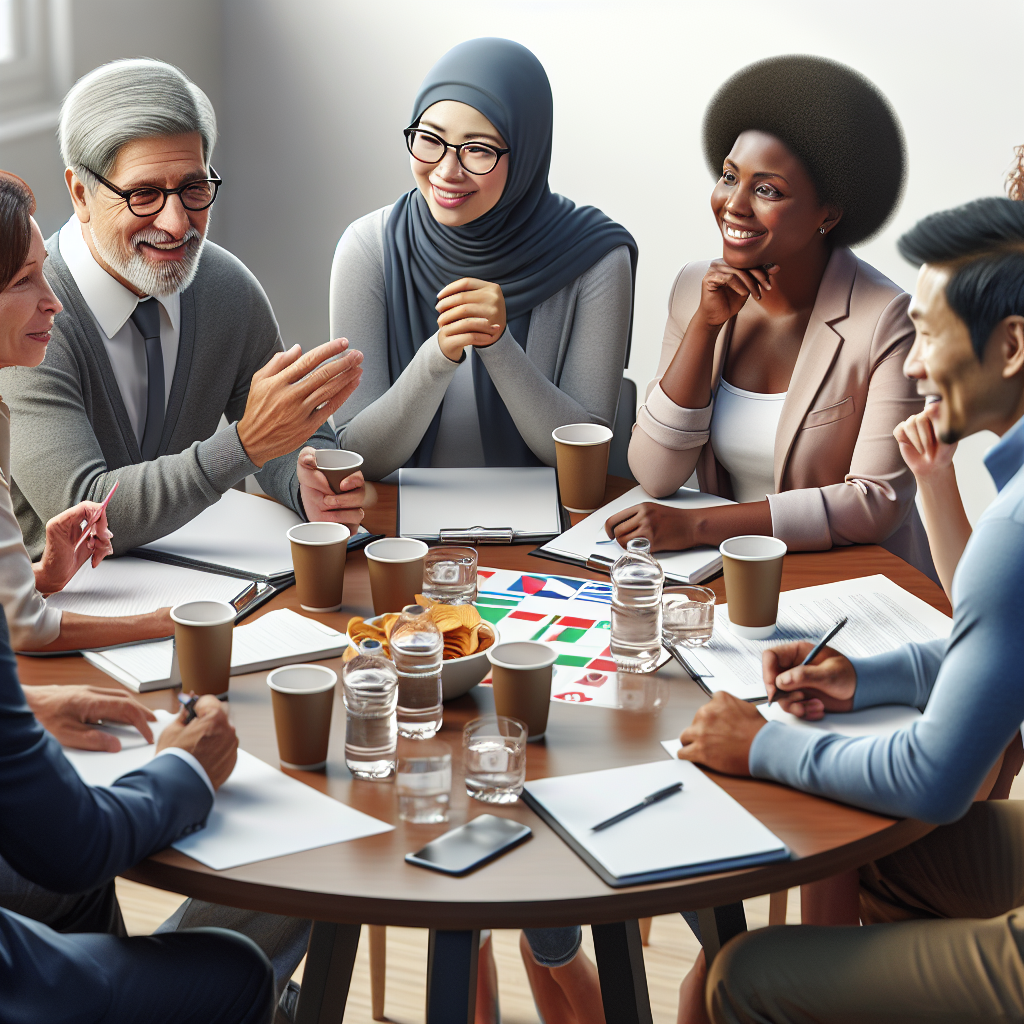 A diverse group of people sitting around a table engaged in a lively discussion during a focus group session with papers and snacks on the table.