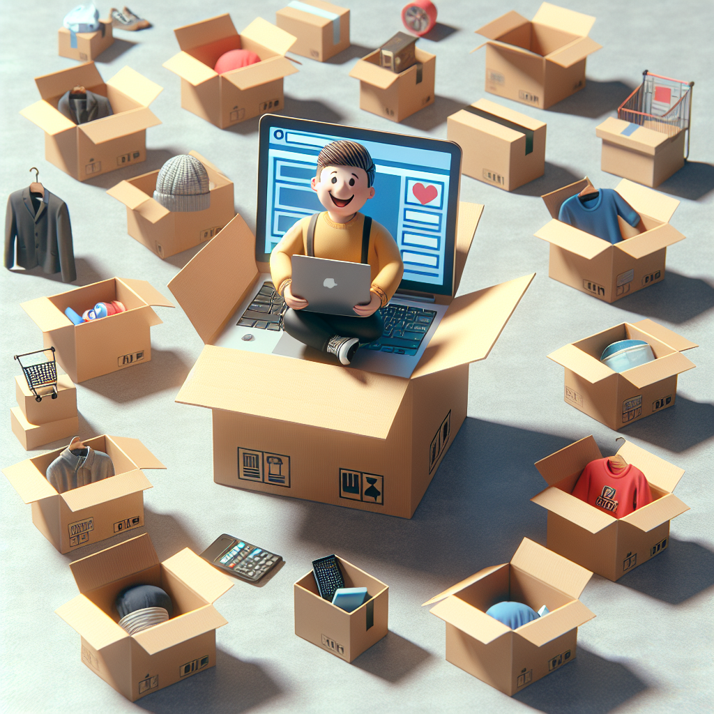 A cheerful person surrounded by boxes of various unused items like clothing, electronics, and furniture ready for sale online, with a laptop open showing an e-commerce platform.
