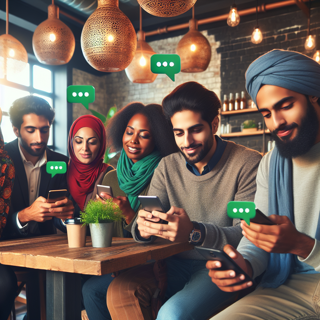A vibrant scene showing small business owners engaging with customers through WhatsApp on their smartphones in a cozy café environment.