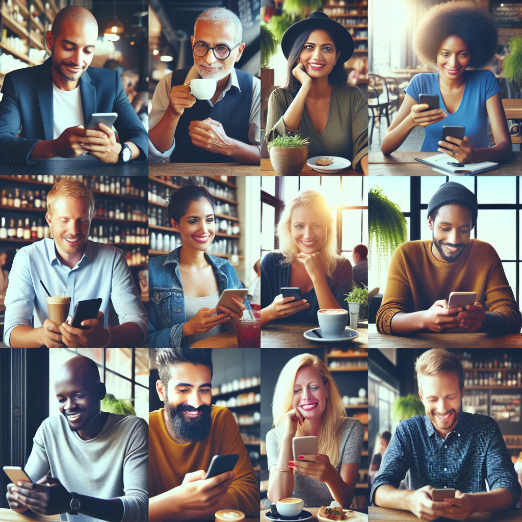 A vibrant scene depicting small business owners using WhatsApp on their phones in a cozy café setting while engaging with customers through broadcast messages and group chats.