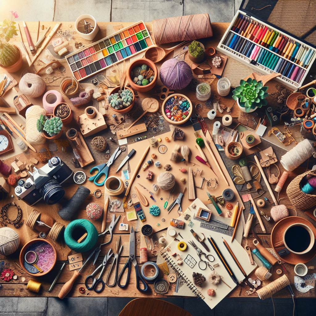 A vibrant workspace showcasing various handmade crafts with tools scattered around, conveying creativity and innovation.
