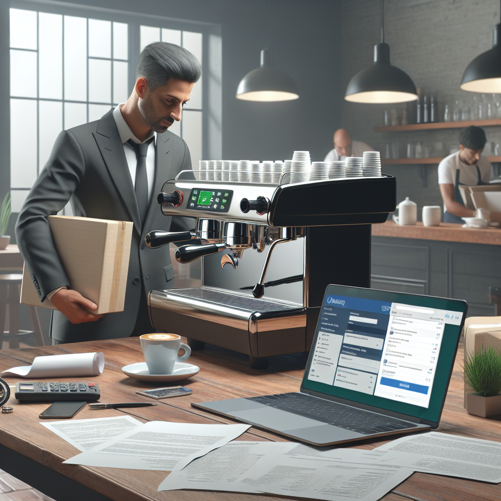 Photorealistic image of a small cafe owner inspecting a new commercial espresso machine being delivered, with paperwork and a laptop showing an online loan application on the counter