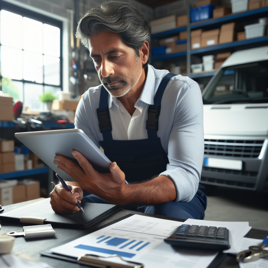 Photorealistic image of a small trades business owner reviewing supplier quotes and bank statements on a tablet, with a branded van and tools visible in the background, professional mood