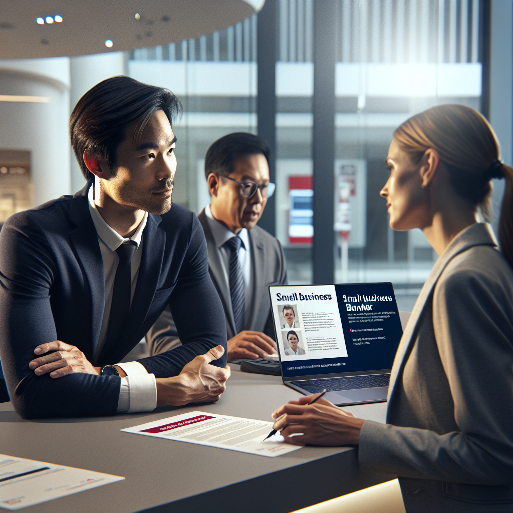 Photorealistic image of a small business founder in a modern bank branch talking with a NAB small business banker across a desk, printed customer contracts and a laptop open to a loan application, professional lighting