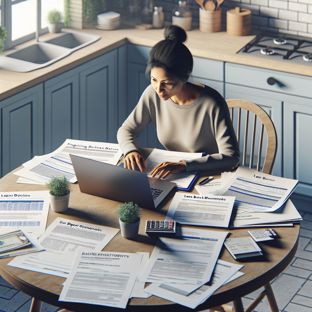 Photorealistic image of a small business founder at a kitchen table preparing loan documents, laptop open to an online application, printed bank statements and supplier quotes spread out, professional and focused mood
