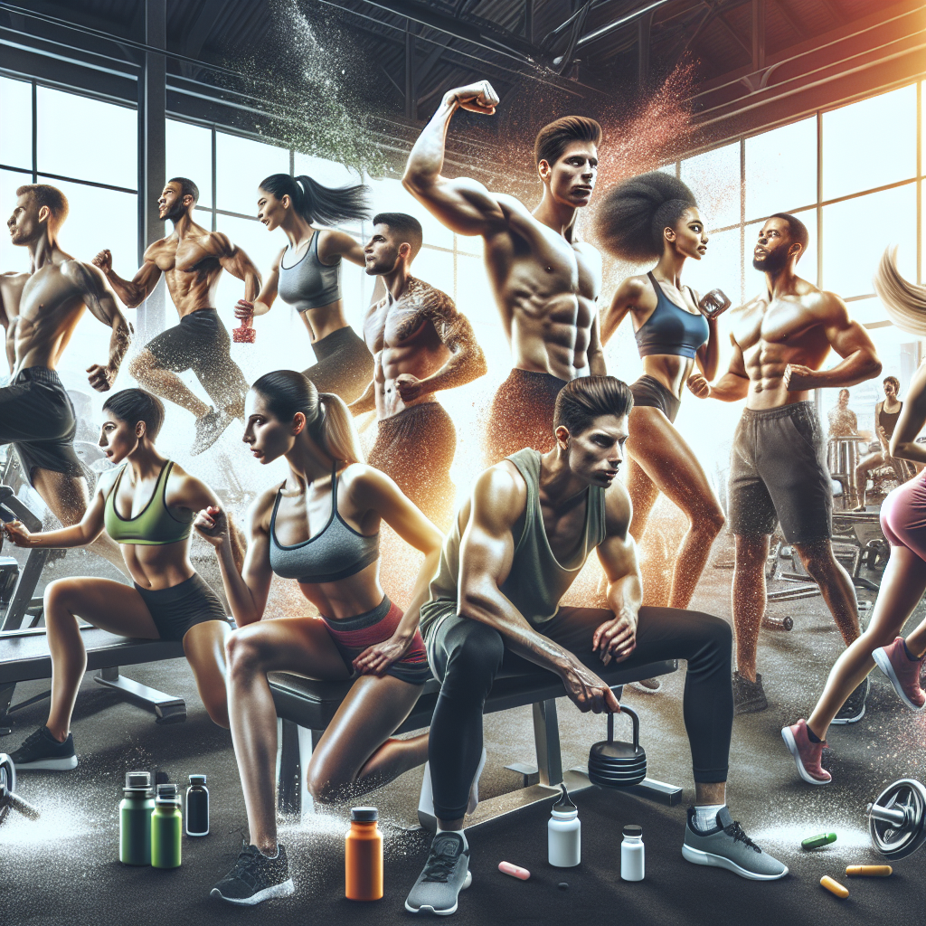 Suplementos Para optimizar el rendimiento en el gym A vibrant gym scene with diverse individuals using supplements and engaging in various exercises, showcasing the essence of healthy living and active lifestyle