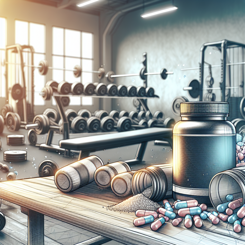 5 suplementos que optimizaran tu rendimiento en el gym A vibrant image of various forms of creatine supplements (powder and capsules) on a gym bench with weights in the background, emphasizing fitness and healthy lifestyle