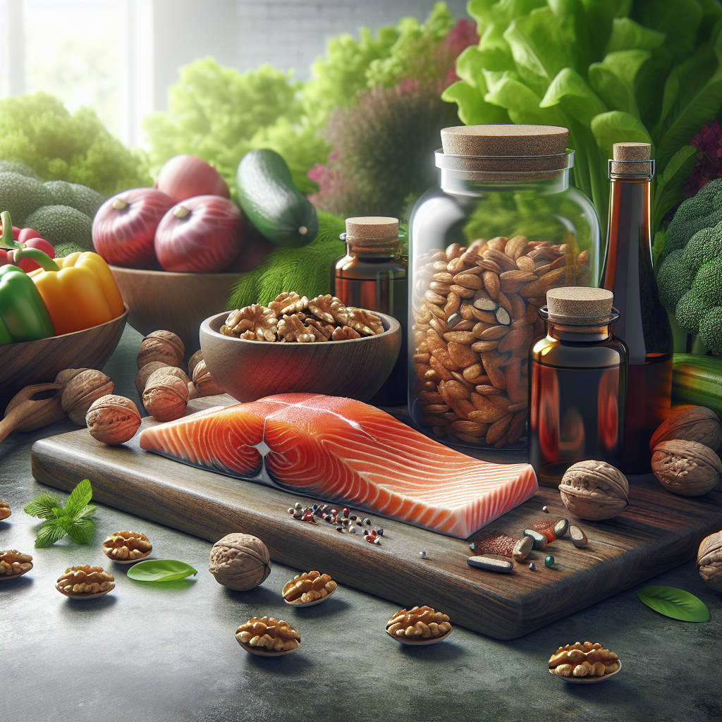 Omega 3 y como te puede ayudar en el gym A vibrant display of various sources of Omega-3 such as salmon, walnuts, and supplements on a kitchen counter with fresh vegetables in the background, emphasizing healthy living