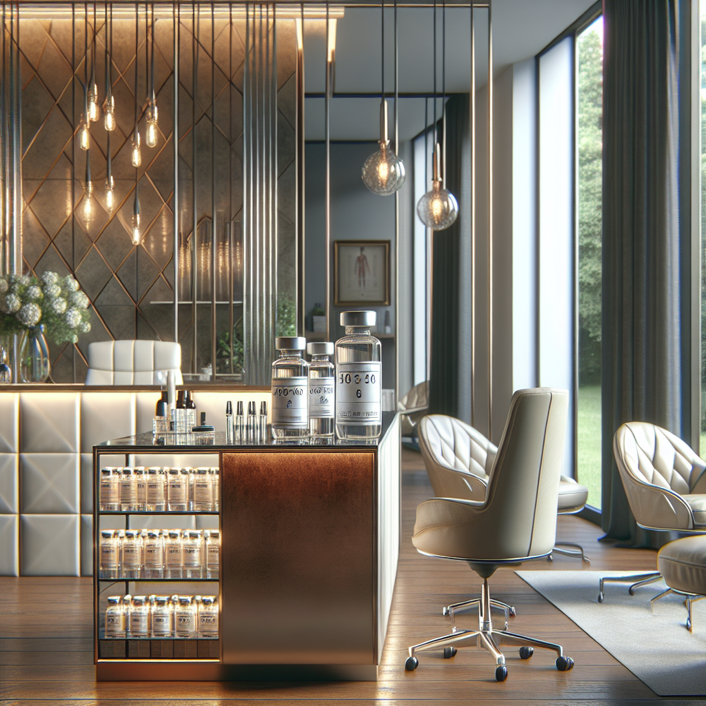 A stylish dermatologist's office showcasing various neurotoxins like Dysport, Jeuveau, Xeomin, and Daxxify in an elegant setting