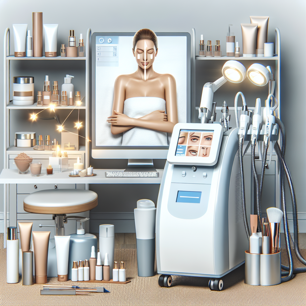 A vibrant image showcasing various skin resurfacing treatments in an aesthetic clinic setting, featuring laser equipment, chemical peels, and skincare products