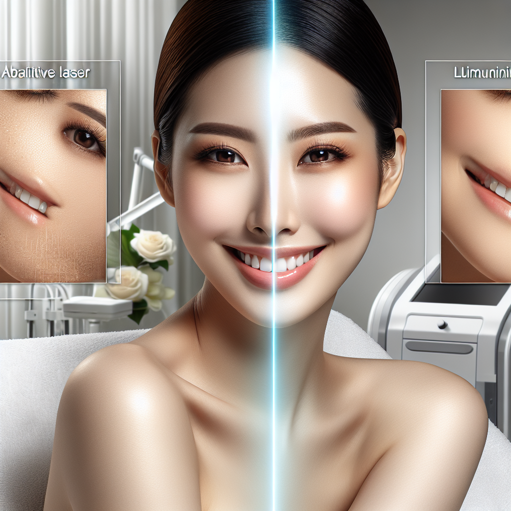 A split image showing an ablative laser treatment on one side with glowing results, and a non-ablative treatment on the other side with a patient smiling in a medical spa environment