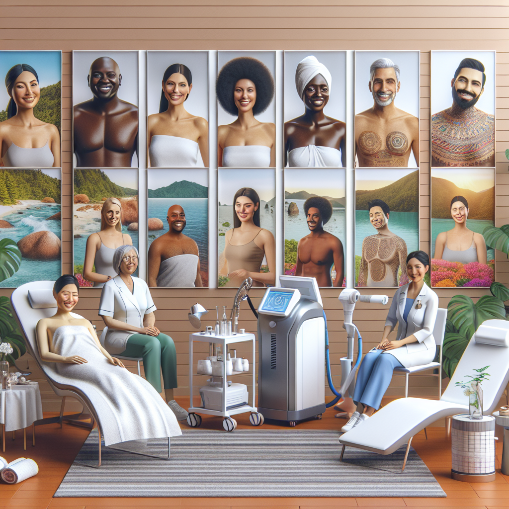 A serene spa environment showcasing various non-surgical body contouring treatments in action, with happy clients and professionals demonstrating techniques like CoolSculpting and ultrasonic cavitation.