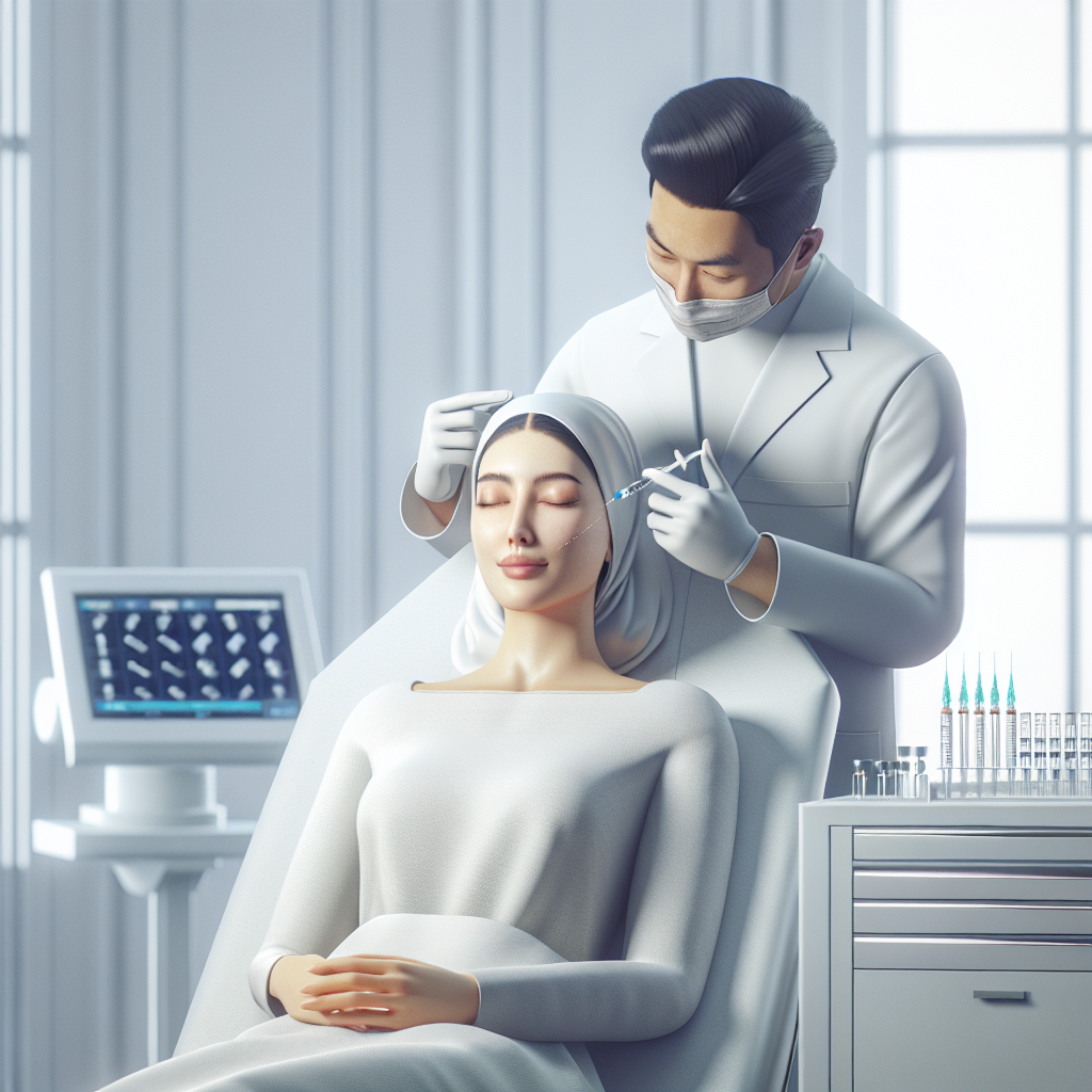A serene woman receiving Sculptra injections in a modern clinic setting