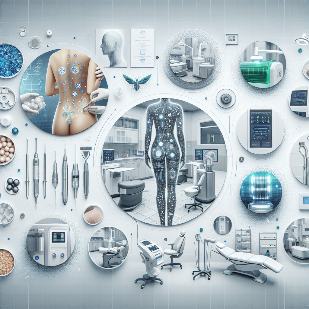 A collage showcasing various non-surgical body contouring treatments such as CoolSculpting, ultrasonic cavitation, and radiofrequency therapy in a modern clinic setting