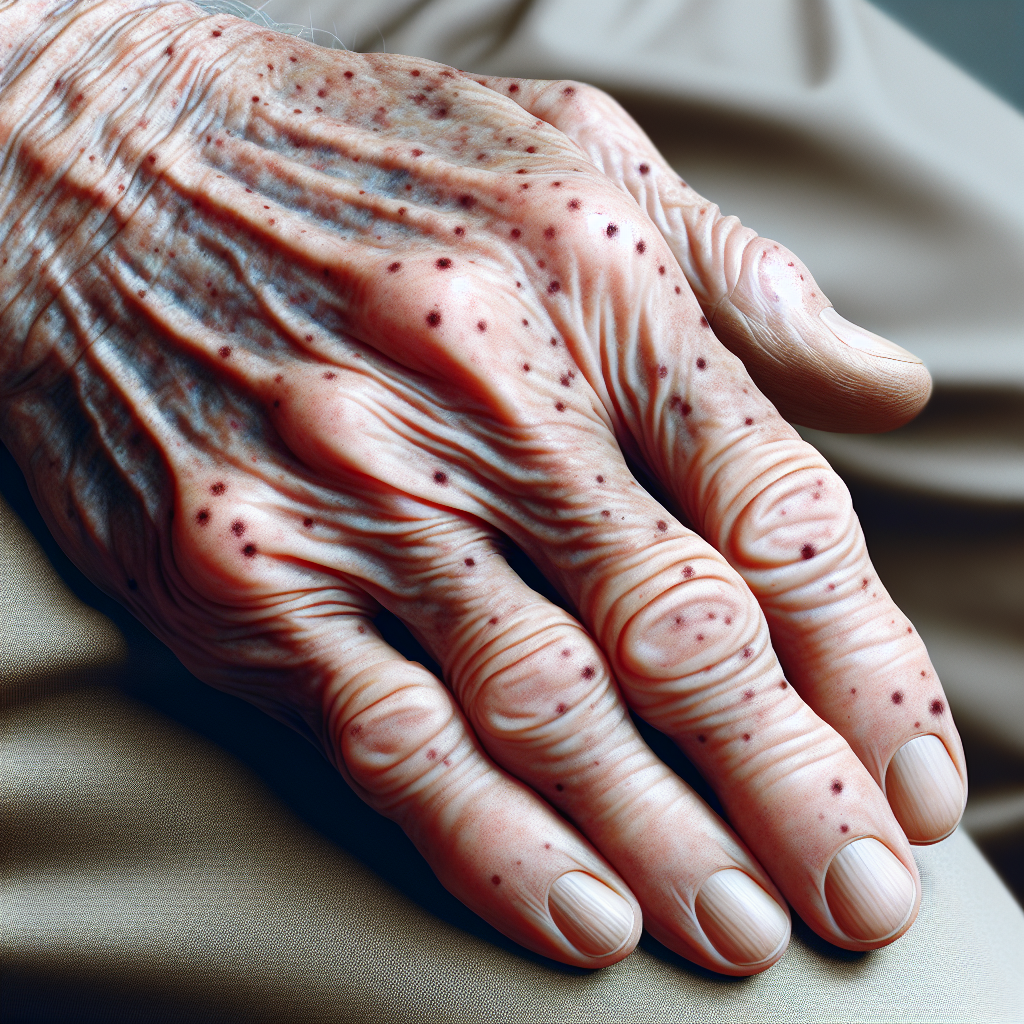 A close-up view of an elderly person's hand showing distinct age spots against smooth skin