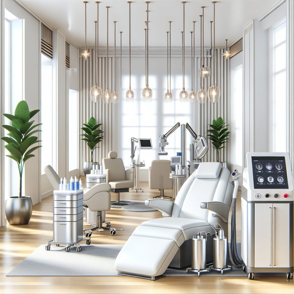 A modern skincare clinic featuring various advanced treatment options like laser therapy machines and chemical peel stations