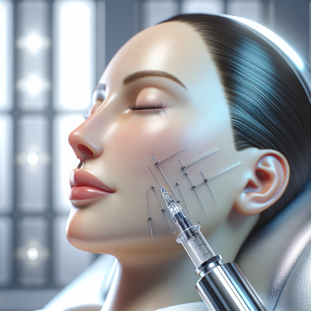 A close-up of a woman's face being treated with microneedling in a modern spa setting