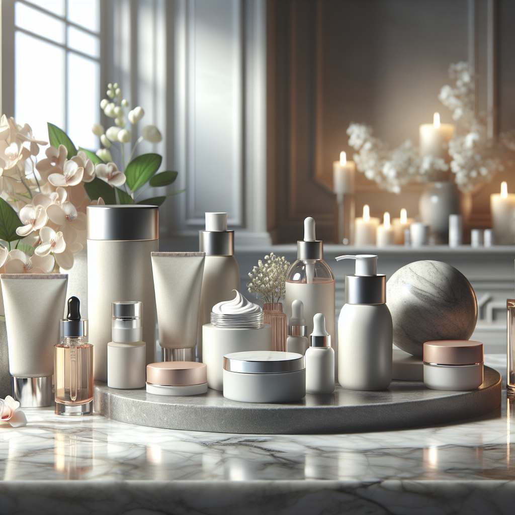 A serene spa setting with skincare products displayed elegantly on a marble counter, featuring brightening creams and serums