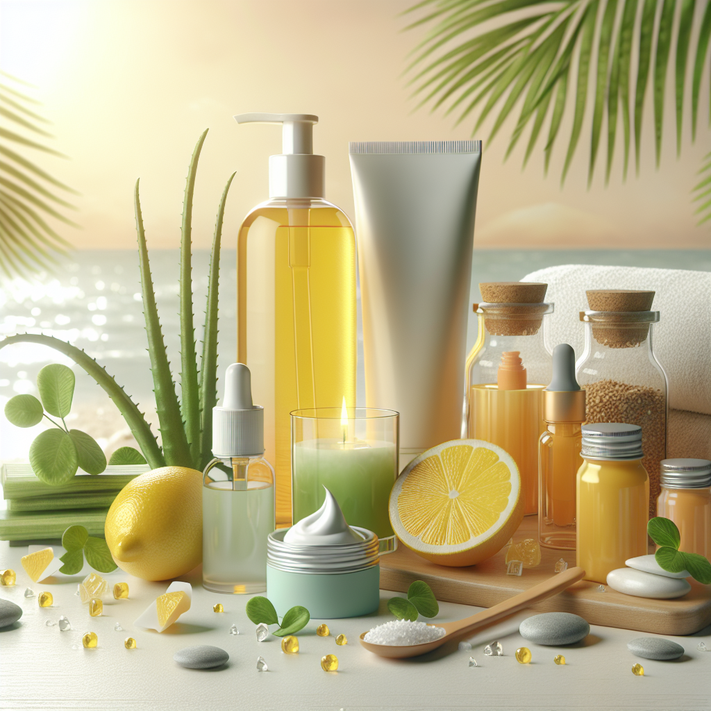 A vibrant skincare routine setup featuring natural remedies like lemon juice and aloe vera alongside sunscreen products.