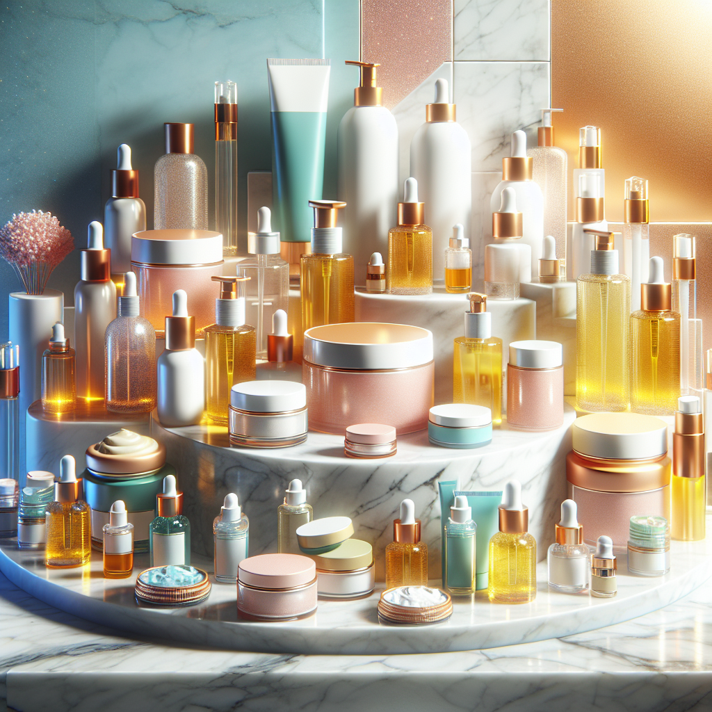 A vibrant skincare routine display featuring various <a href='https://innovationswellnessmedspa.com/neuromodulators-also-known-as-neurotoxins-the-key-to-a-youthful-refreshed-look/'>brightening skincare products</a> such as serums, creams, and natural remedies on a marble countertop