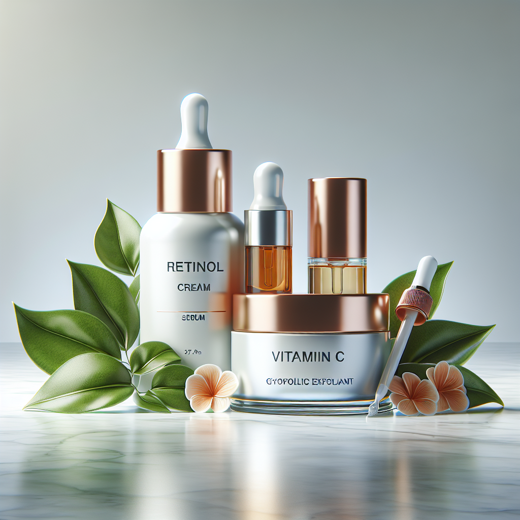 An array of skincare products featuring retinol cream, vitamin C serum, and glycolic acid exfoliant placed on a marble countertop