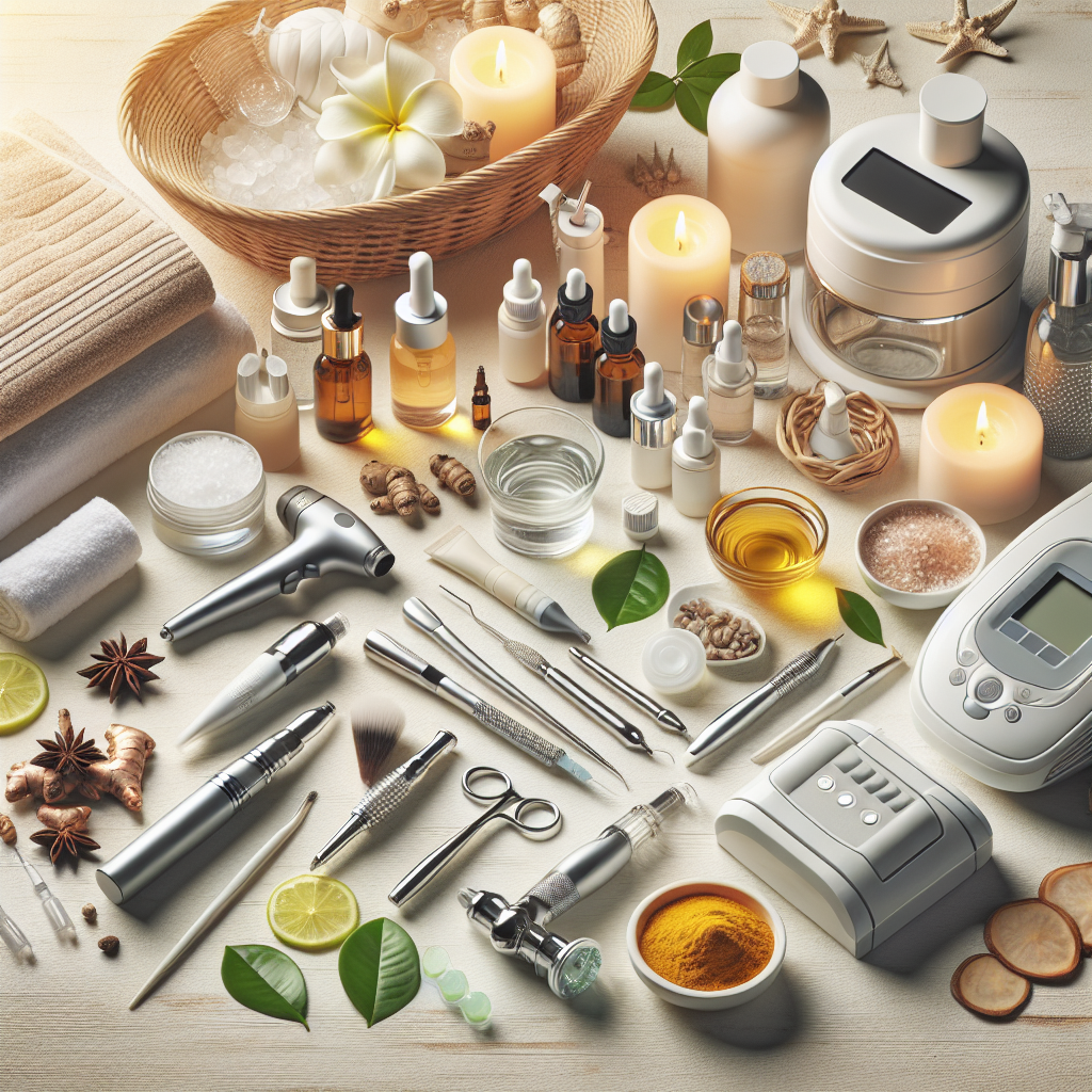 A serene spa setting showcasing various skin brightening treatment tools like chemical peel solutions, laser equipment, microneedling devices, and natural ingredients like turmeric and lemon.