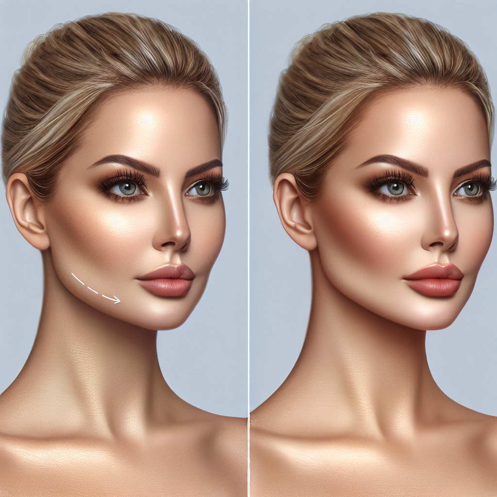 A before-and-after comparison of a woman undergoing cheek augmentation, showcasing natural-looking results with enhanced cheekbone structure.