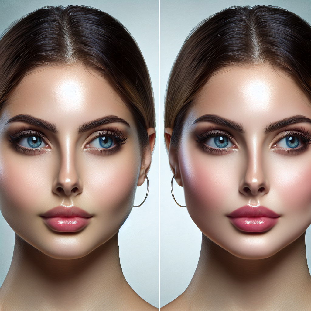 A split image showing before and after results of cheek augmentation with dermal fillers and implants