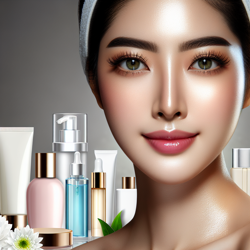 A close-up of a woman's radiant face after a VI chemical peel, showcasing smooth and glowing skin, surrounded by skincare products