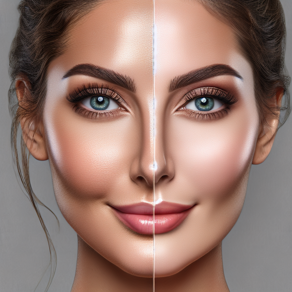 A close-up view of a woman's face showing before and after effects of cheek augmentation with natural-looking results