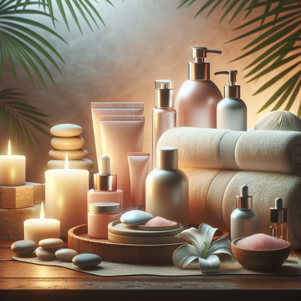 A serene spa setting with calming colors, featuring skincare products used in VI chemical peels