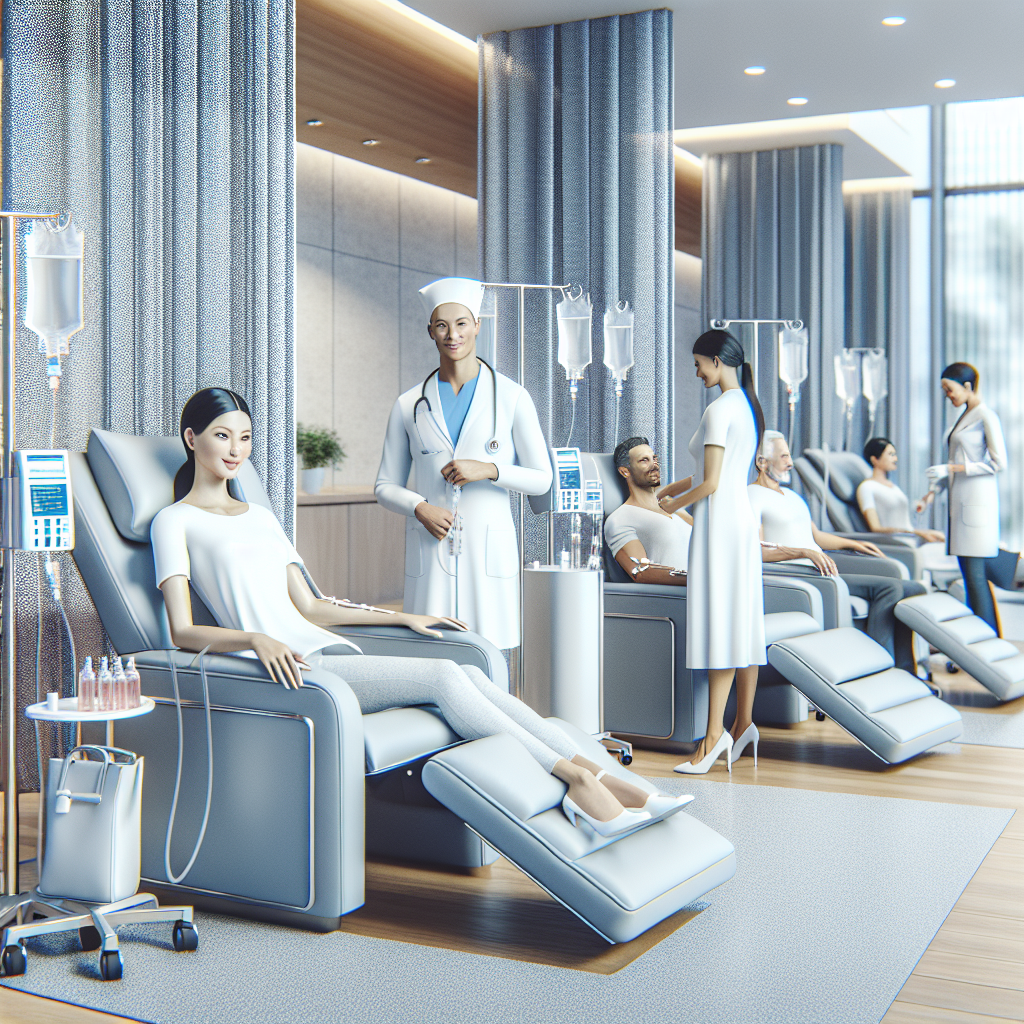A modern wellness clinic with IV infusion therapy setup, featuring comfortable seating and medical professionals assisting patients