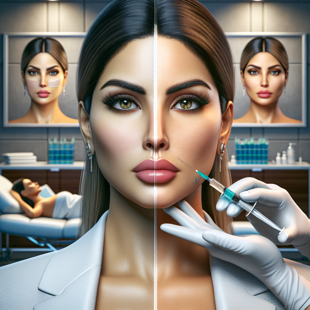A split image showing a woman receiving Dysport injections on one side and Botox injections on the other side in a modern aesthetic clinic