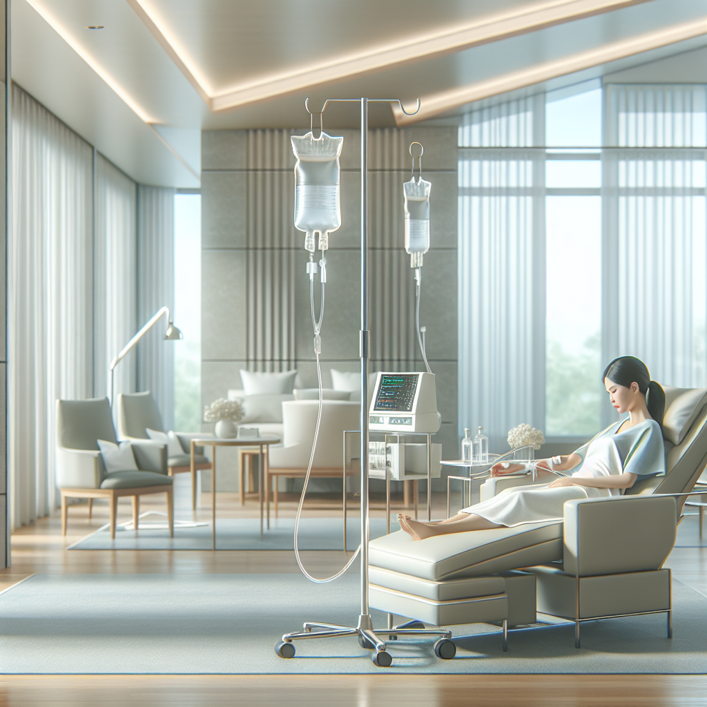 A serene wellness clinic setting with a patient receiving IV infusion therapy, bright and inviting atmosphere