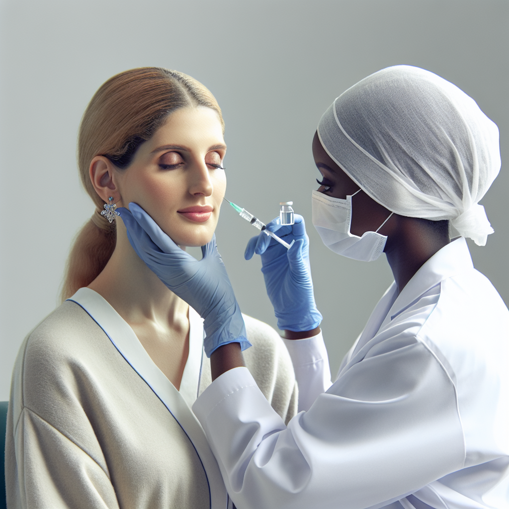 Aesthetic clinic setting with a patient receiving Dysport injections from a qualified practitioner, showcasing a modern and clean environment