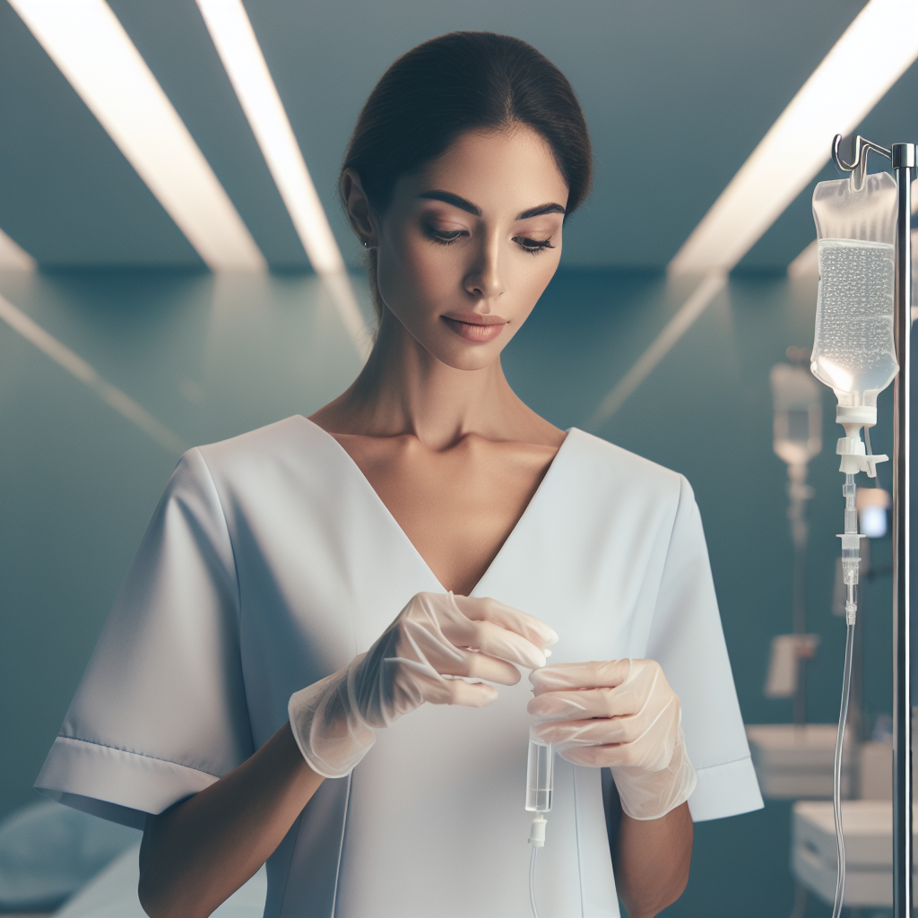 A nurse preparing an IV infusion in a modern clinic setting with bright lighting