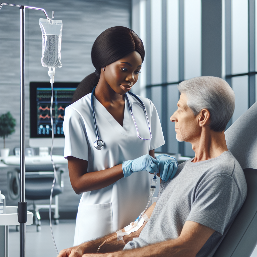 A healthcare professional administering an IV infusion to a patient in a modern wellness clinic