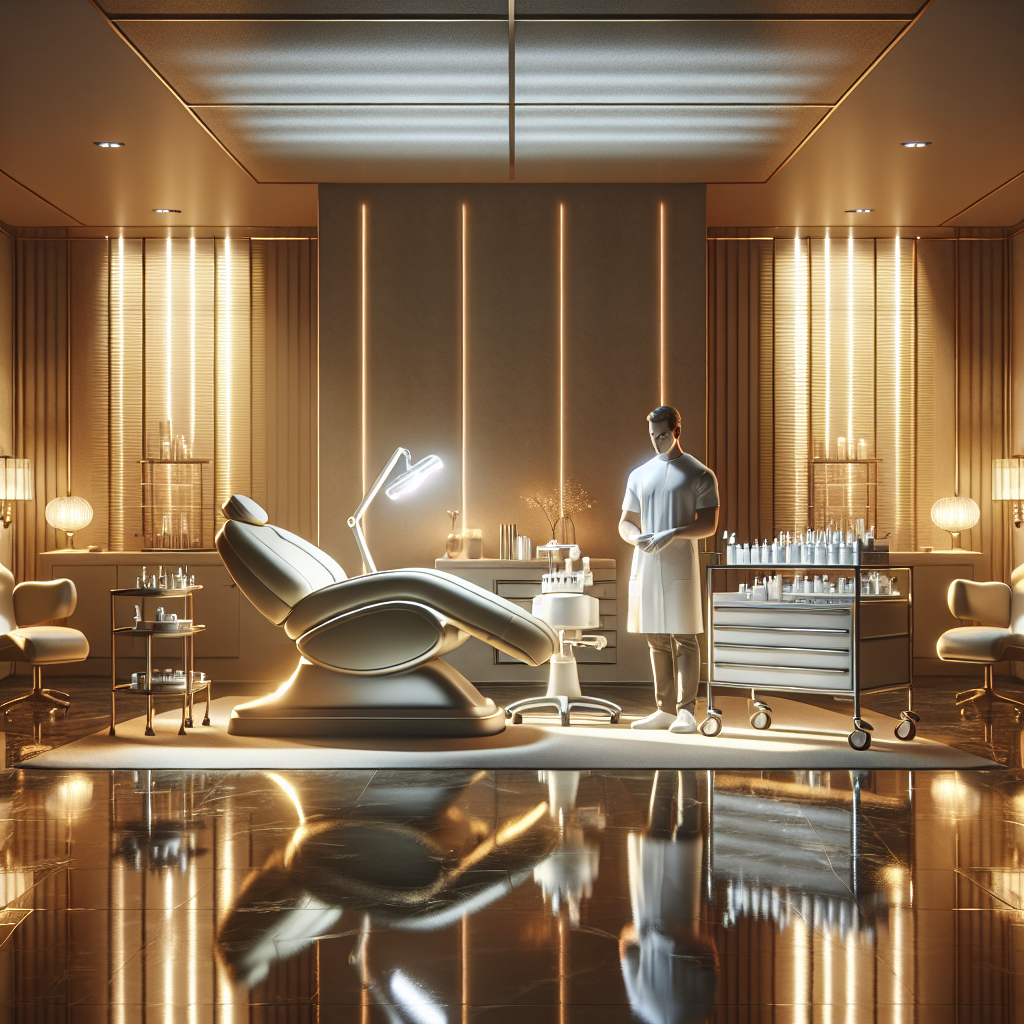 A serene medspa interior with soft lighting and comfortable treatment chairs, showcasing an aesthetician preparing for a Dysport injection procedure.