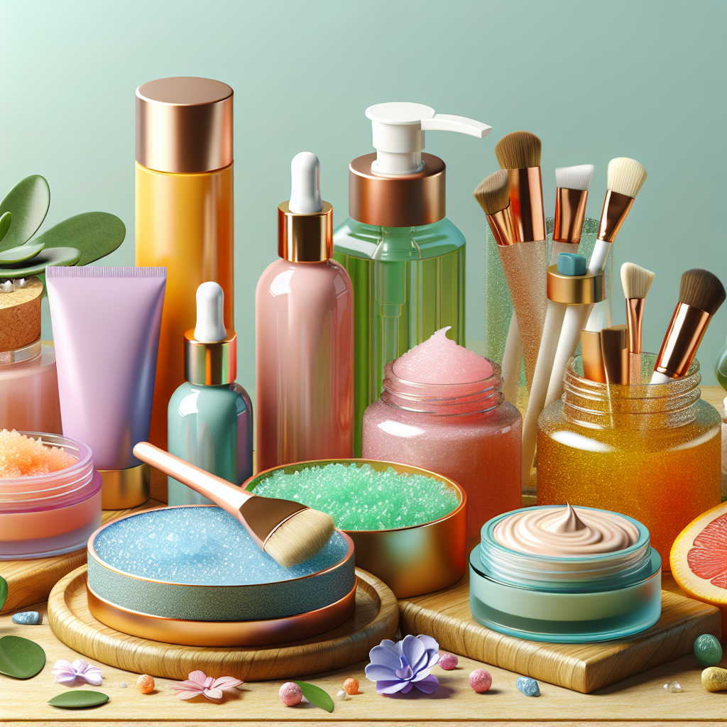 A vibrant skincare routine setup featuring various exfoliating products like scrubs and serums