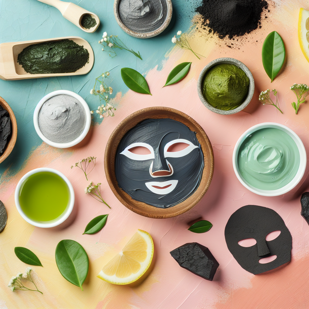 A vibrant flat lay of various clay and charcoal face masks with natural ingredients like aloe vera and green tea