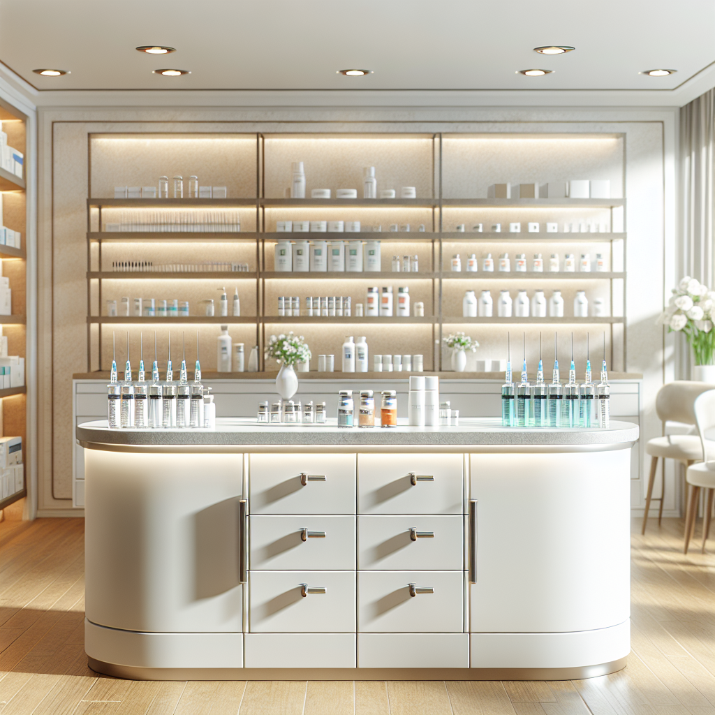 A bright and inviting medspa interior with aesthetic injectables displayed elegantly on a counter. Soft lighting enhances the welcoming atmosphere.